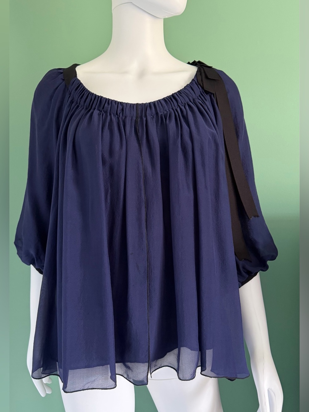Vintage Diane Von Furstenberg Silk Eden Peasant Blouse In Navy Blue